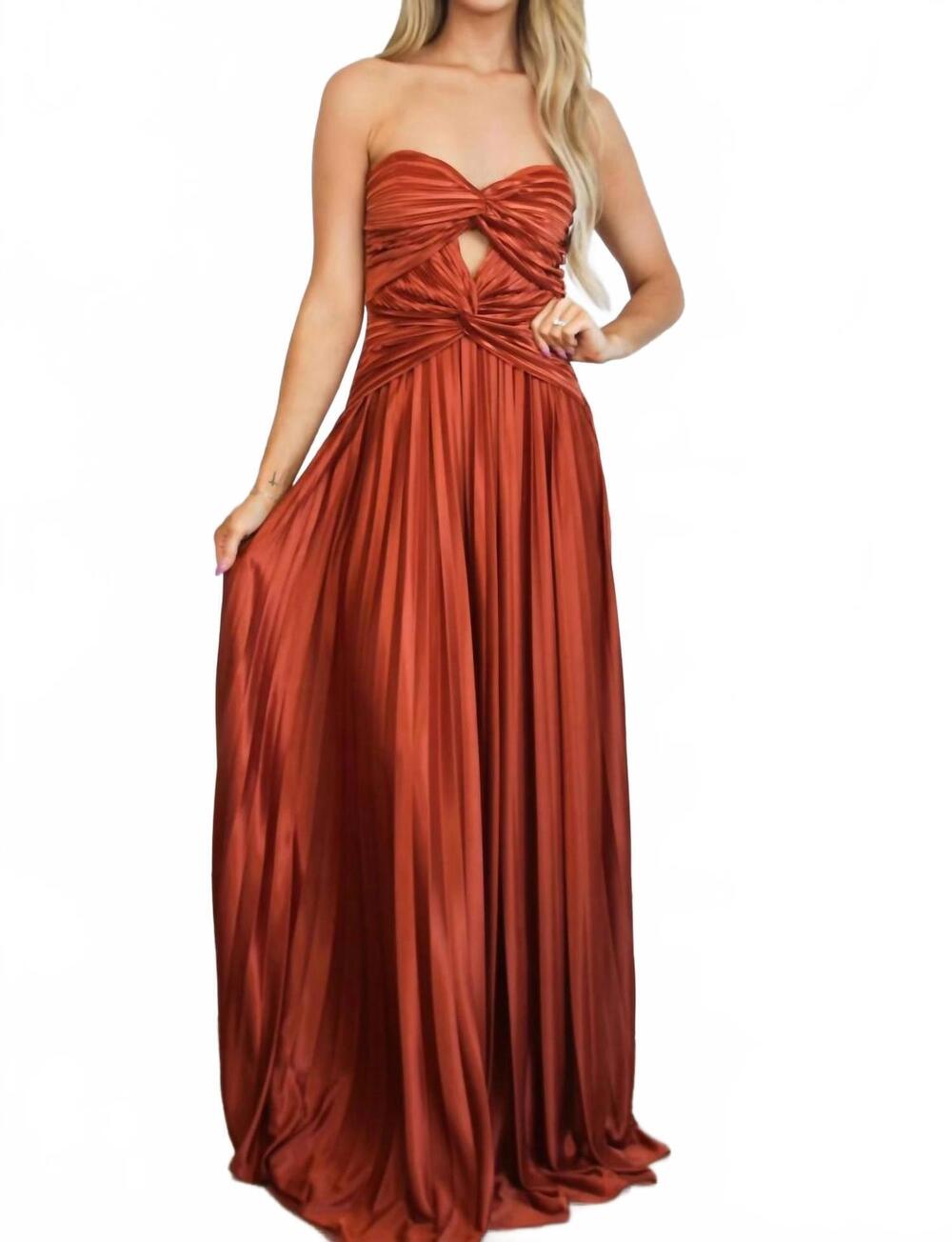 NEW MANIJU carolina strapless pleated maxi dress in rust